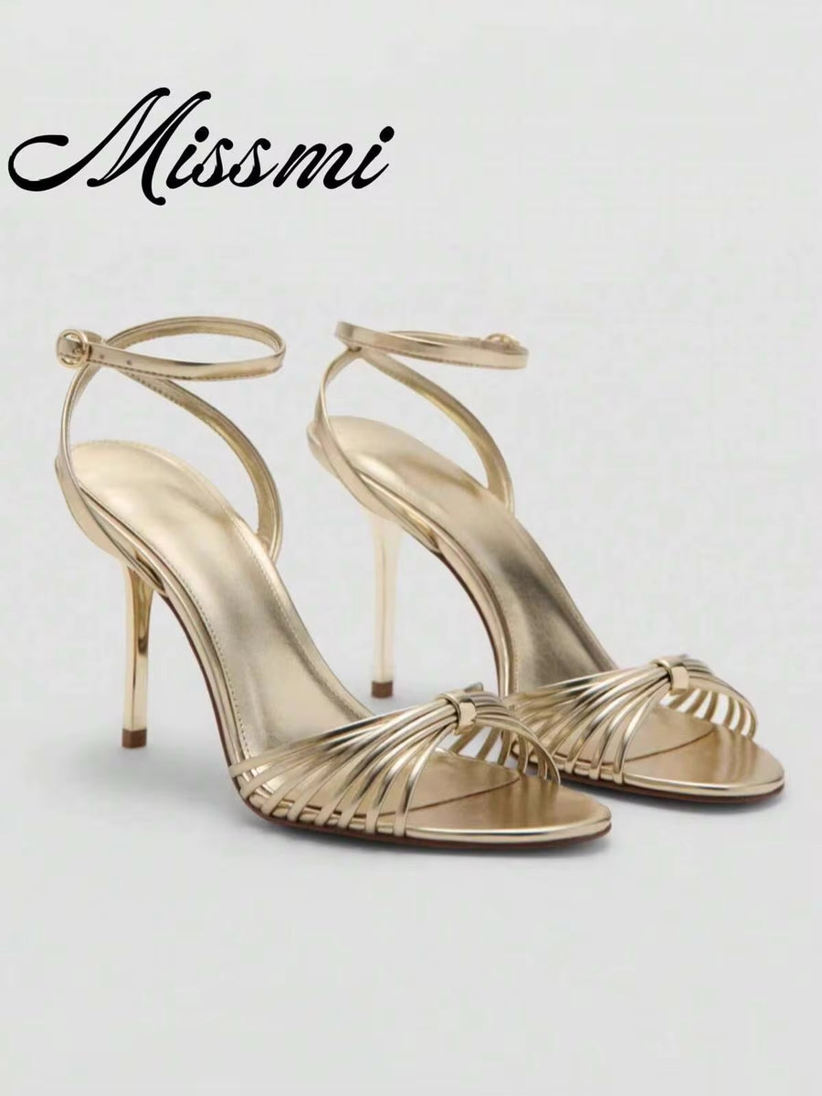 2026 Spring/Summer New Women's Gold Metallic Layered Bow Decor Stiletto High Heel Sandals